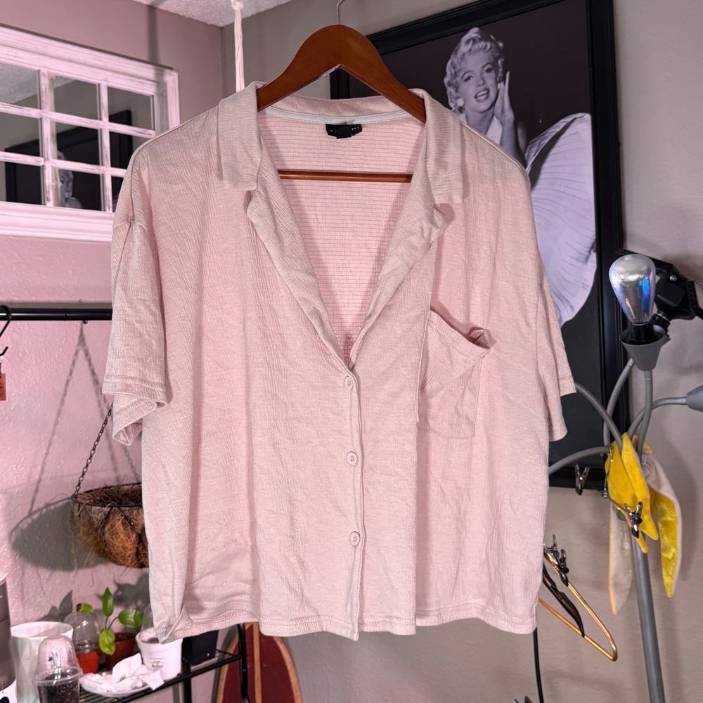 Tahari Button Down Top Womens XL Pink Ribbed Short Sleeve Boxy Casual Minimalist